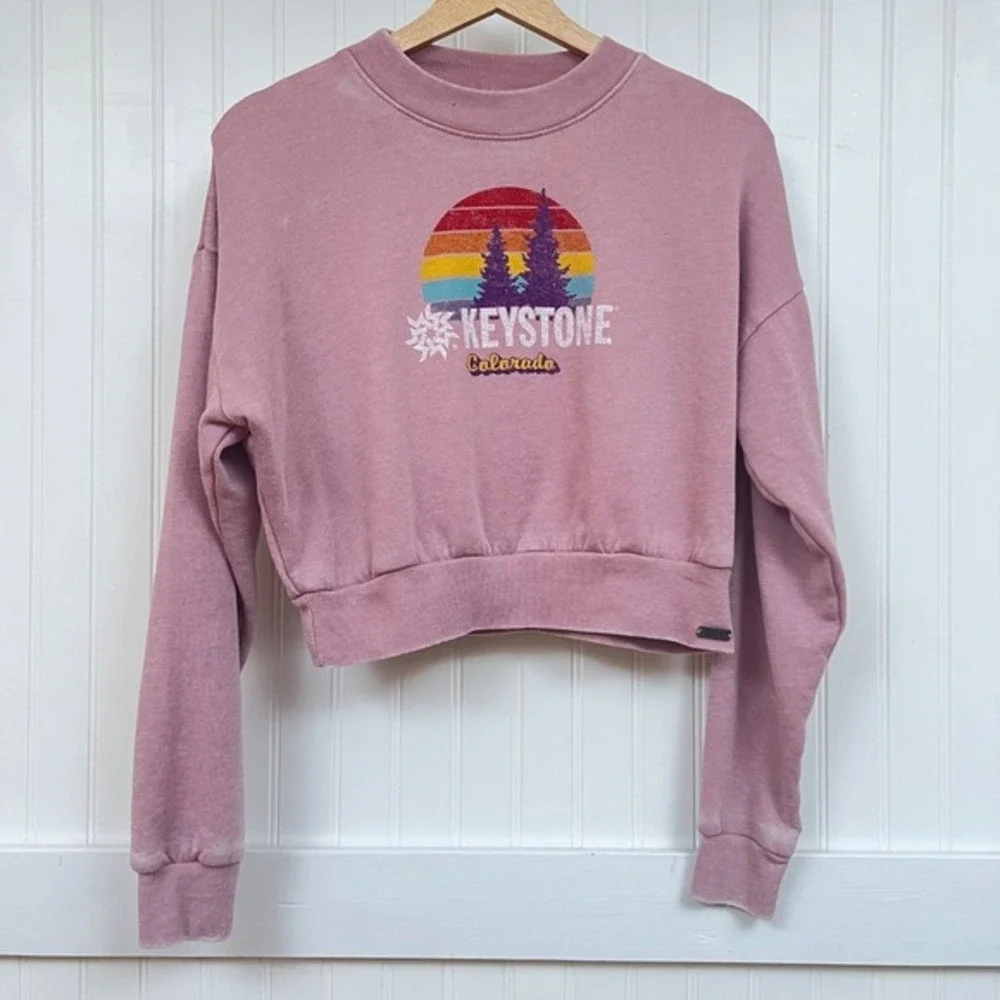 Techstyles Sweatshirt Keystone Travelcore Rainbow Sunset Graphic‎ Women's Pink - Picture 1 of 9